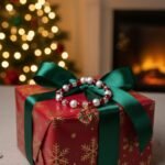 Handmade Merry Wreath Bracelet by Vittara Looms featuring red and pearl beads with a gold wreath charm, displayed on a wrapped Christmas gift with green ribbon and festive background lights.